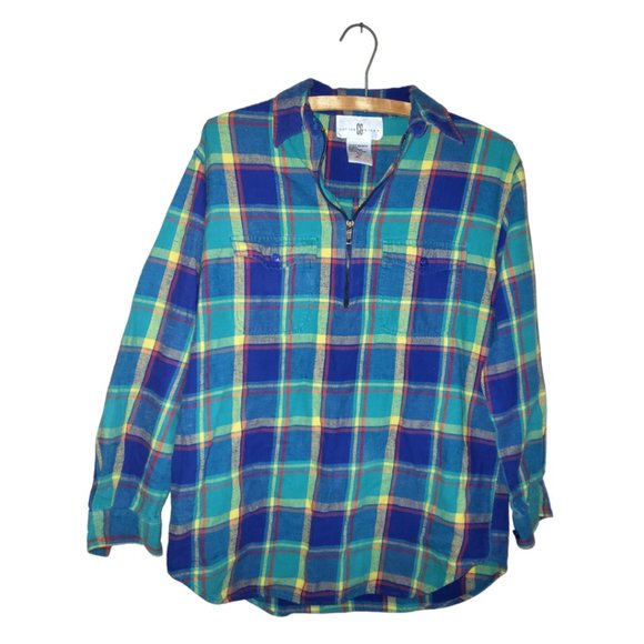 vintage Cotton Ginny women's pullover green blue plaid flannel shirt, size S - Picture 1 of 9